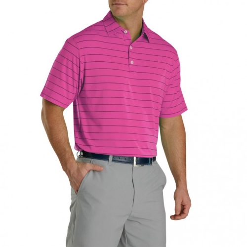 Men's Footjoy Lisle Double Pin Stripe Self Collar Shirts Heather Pink Azalea / Marine | USA-MR6827