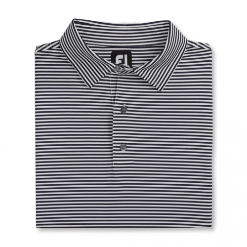 Men's Footjoy Lisle Feeder Stripe Self Collar Shirts Navy / White | USA-EC8475