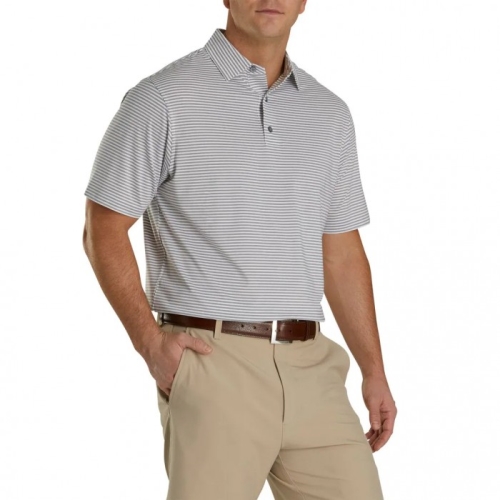 Men's Footjoy Lisle Feeder Stripe Self Collar Shirts Heather Grey / White | USA-UL7819
