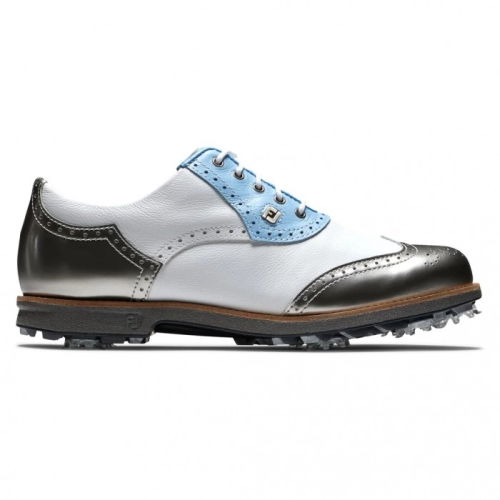 Women's Footjoy Premiere Series - Shield Tip Spiked Golf Shoes White / Light Blue / Metallic Silver