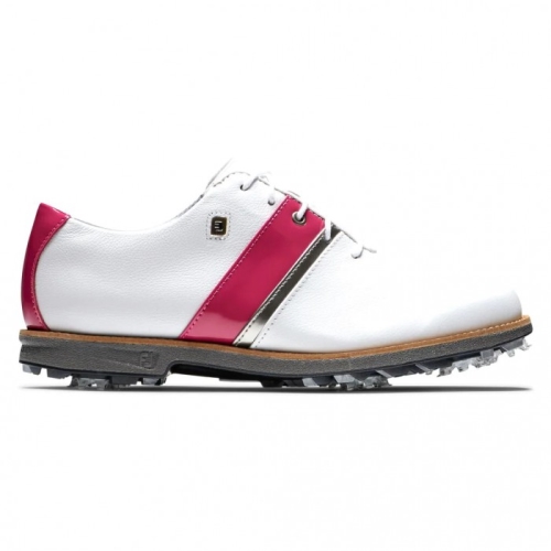 Women's Footjoy Premiere Series - Traditional Spiked Golf Shoes White / Fuchsia Patent / Metallic Si