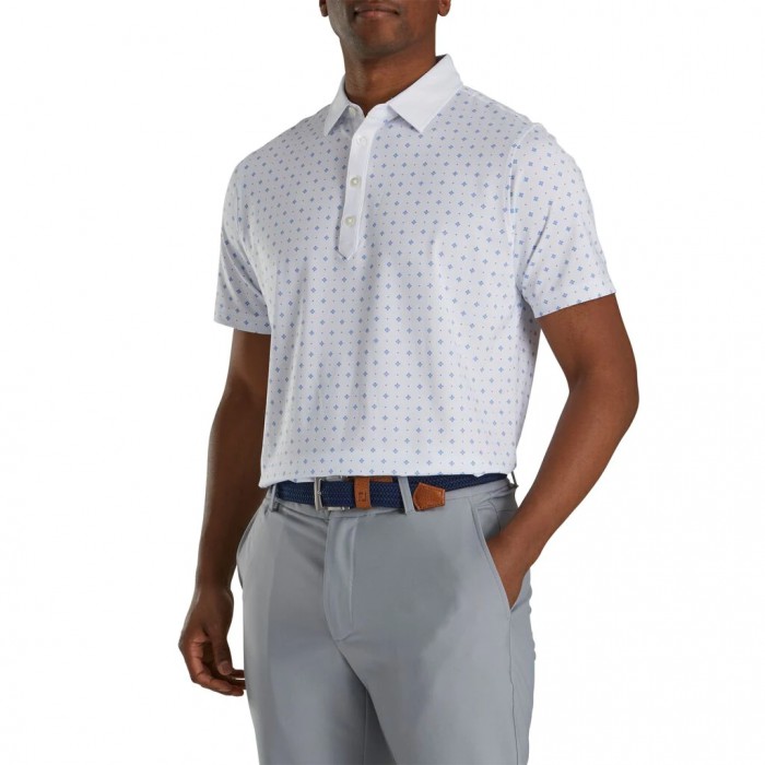 Men's Footjoy Athletic Fit Deco Print Self Collar Shirts White / Royal | USA-PF2754