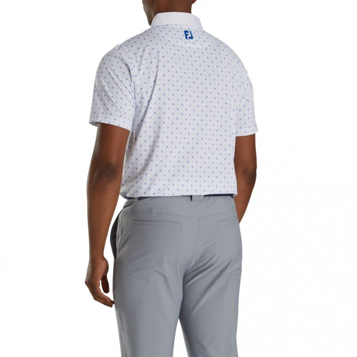 Men's Footjoy Athletic Fit Deco Print Self Collar Shirts White / Royal | USA-PF2754