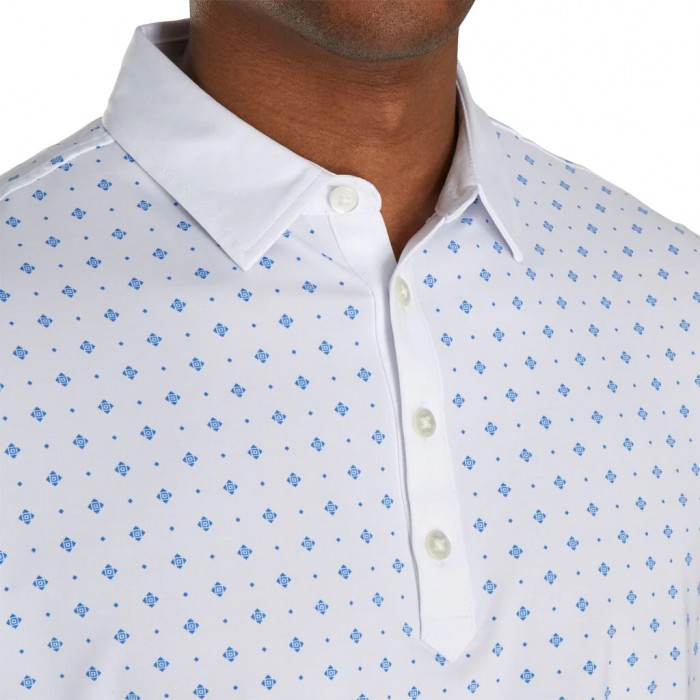 Men's Footjoy Athletic Fit Deco Print Self Collar Shirts White / Royal | USA-PF2754