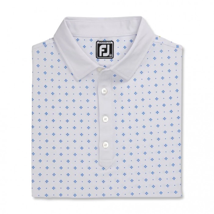 Men\'s Footjoy Athletic Fit Deco Print Self Collar Shirts White / Royal | USA-PF2754