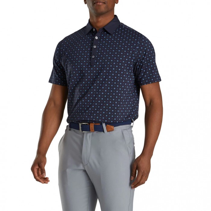 Men's Footjoy Athletic Fit Deco Print Self Collar Shirts Navy / Lagoon | USA-ZQ8537