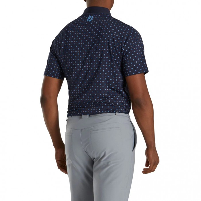 Men's Footjoy Athletic Fit Deco Print Self Collar Shirts Navy / Lagoon | USA-ZQ8537