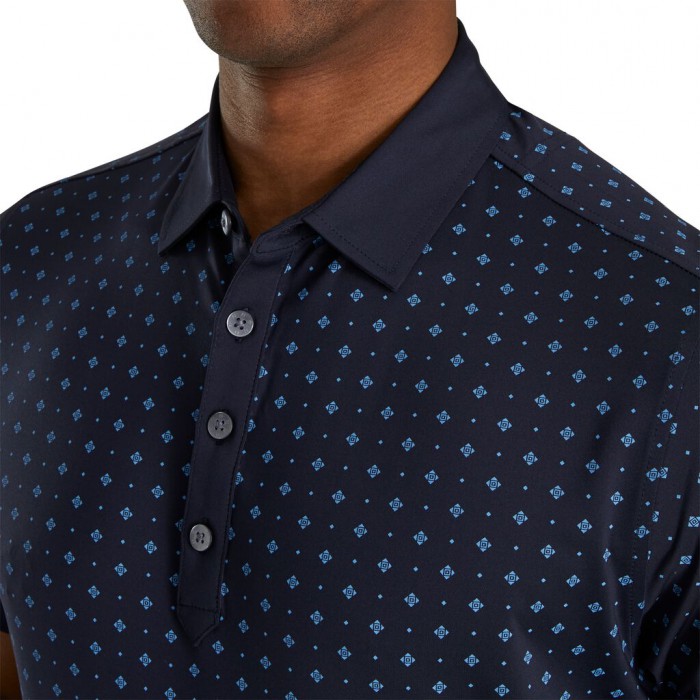 Men's Footjoy Athletic Fit Deco Print Self Collar Shirts Navy / Lagoon | USA-ZQ8537