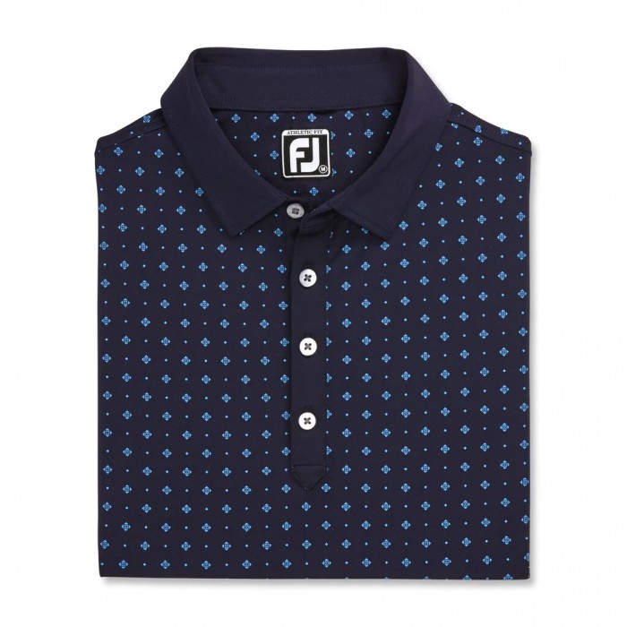 Men\'s Footjoy Athletic Fit Deco Print Self Collar Shirts Navy / Lagoon | USA-ZQ8537