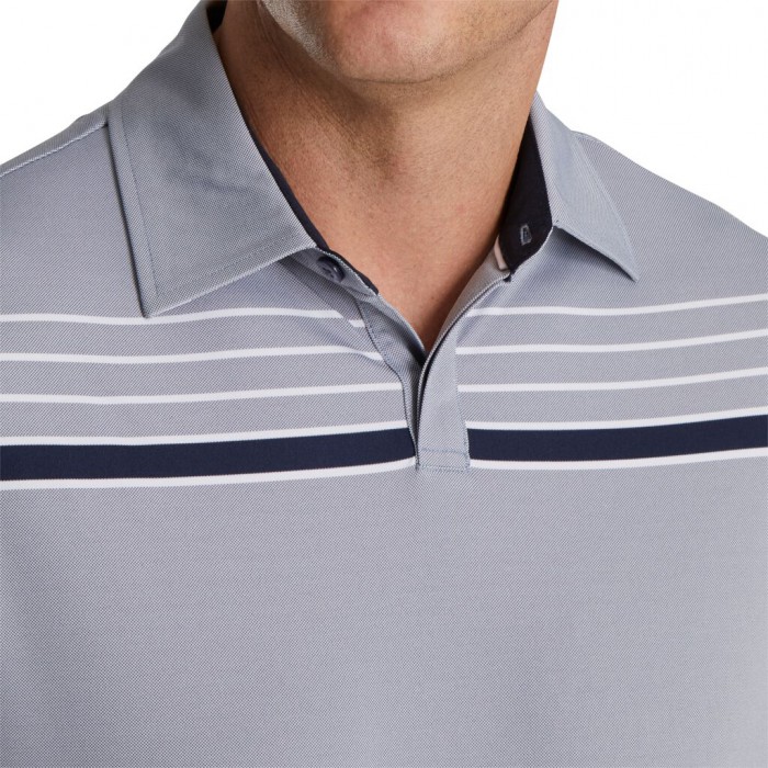 Men's Footjoy Checker Jacquard Chest Stripe Self Collar Shirts Navy / White | USA-KR3916