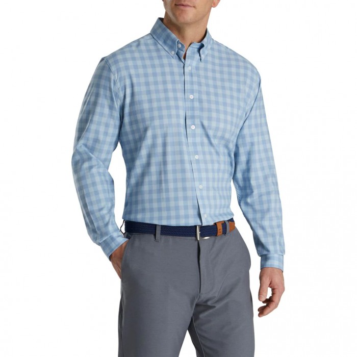 Men's Footjoy Gingham Stretch Cotton Shirts Mist / Wedgewood | USA-CD2981