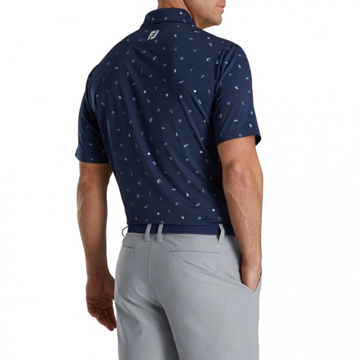 Men's Footjoy Golf Doodle Print Lisle Self Collar Shirts Navy | USA-OU0159