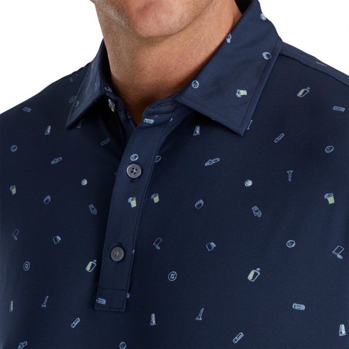 Men's Footjoy Golf Doodle Print Lisle Self Collar Shirts Navy | USA-OU0159