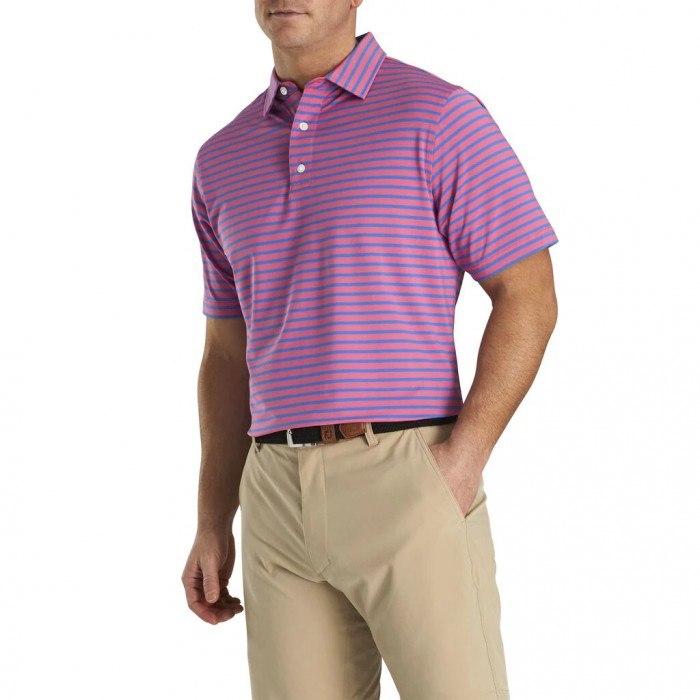 Men's Footjoy Lisle 2-Color Stripe Self Collar Shirts Pink Azalea / Marine | USA-CW7914