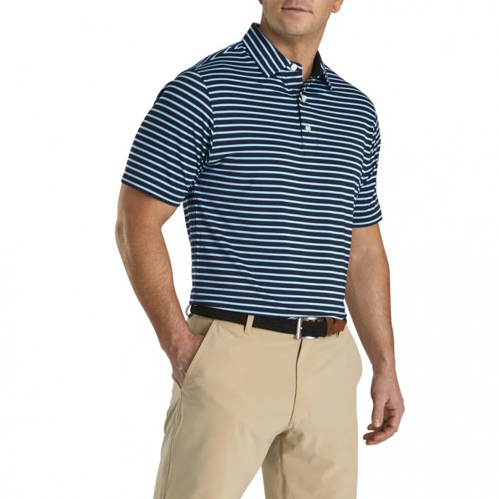 Men's Footjoy Lisle 2-Color Stripe Self Collar Shirts Navy / Light Blue | USA-SA7154