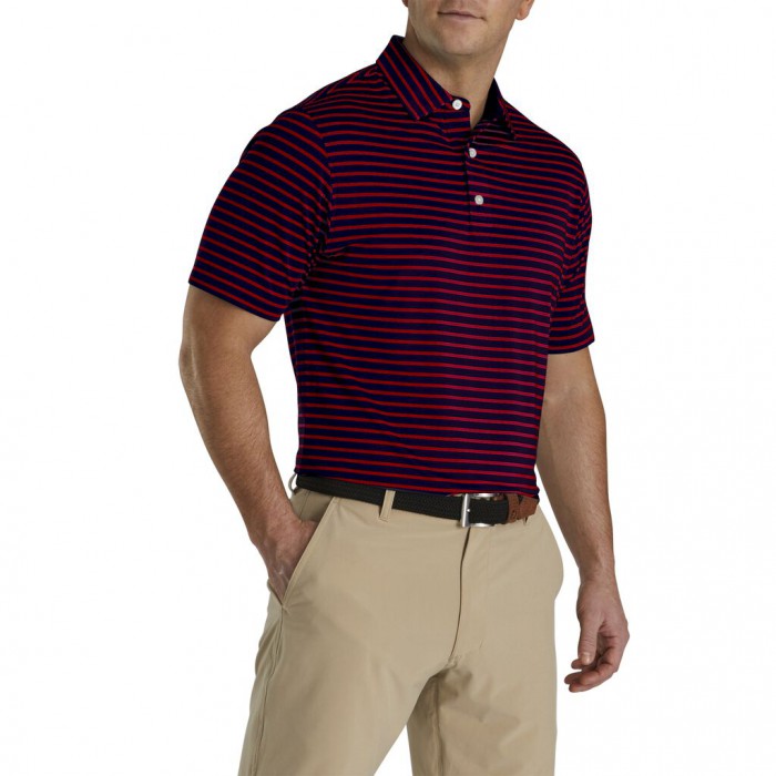 Men's Footjoy Lisle 2-Color Stripe Self Collar Shirts Navy / Red | USA-TV0182