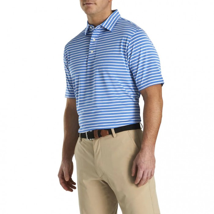 Men's Footjoy Lisle 2-Color Stripe Self Collar Shirts Marine / White | USA-WT3076