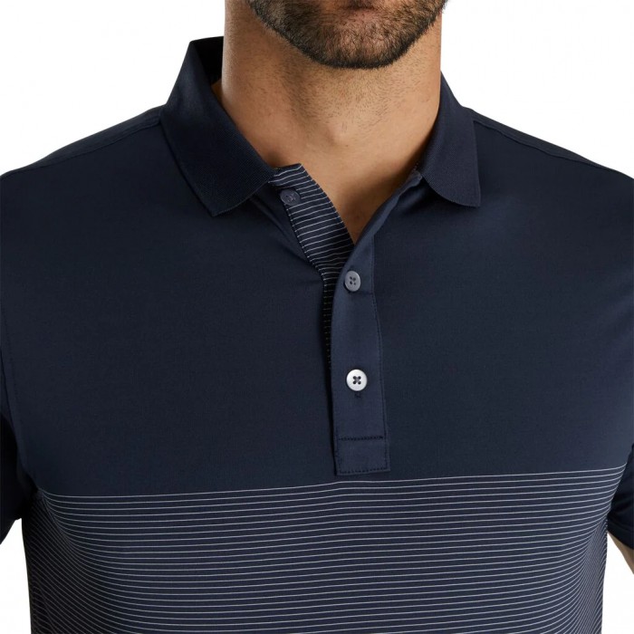 Men's Footjoy Lisle Engineered Pin Stripe Self Collar Shirts Navy / White | USA-NV7356