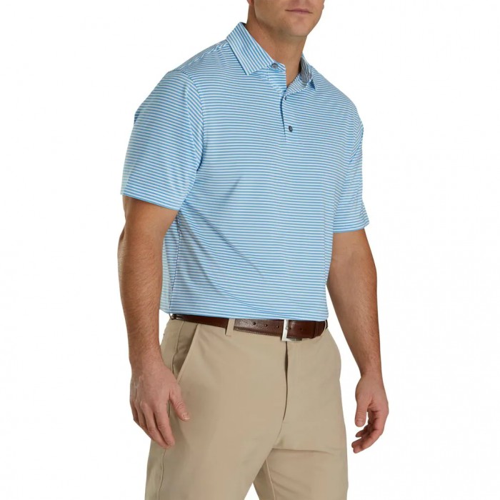 Men's Footjoy Lisle Feeder Stripe Self Collar Shirts Reef Blue / White | USA-CS0178