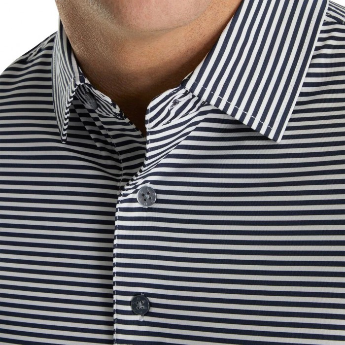 Men's Footjoy Lisle Feeder Stripe Self Collar Shirts Navy / White | USA-EC8475