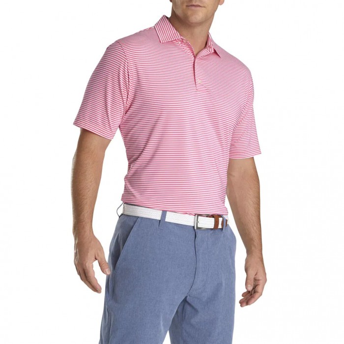 Men's Footjoy Lisle Feeder Stripe Self Collar Shirts Pink Azalea / White | USA-PG7581