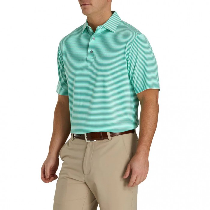 Men's Footjoy Lisle Feeder Stripe Self Collar Shirts Spearmint / White | USA-UR3047