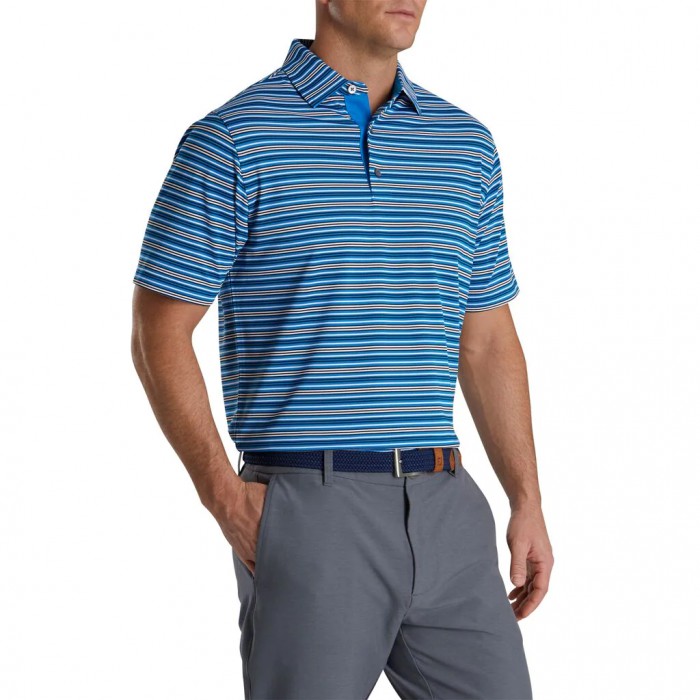 Men's Footjoy Multi-Stripe Stretch Pique Self Collar Shirts French Blue / Black / White | USA-MK0371