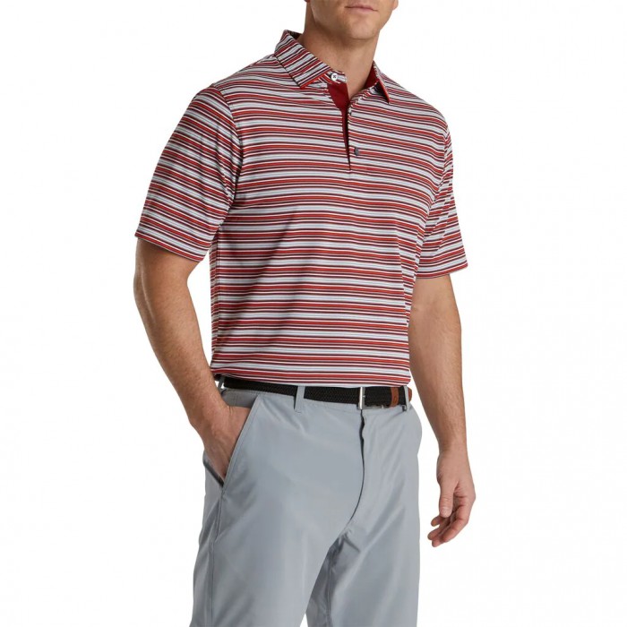 Men's Footjoy Multi-Stripe Stretch Pique Self Collar Shirts Merlot / Grey / White / Chili | USA-QO25