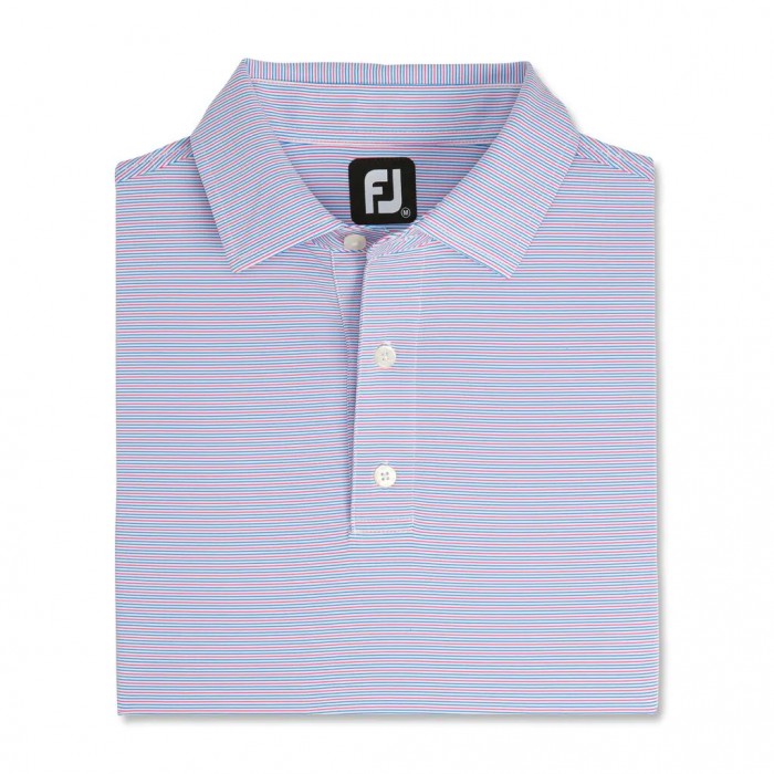 Men\'s Footjoy Pin Stripe Lisle Self Collar Shirts White / French Blue / Hot Pink | USA-MX7560