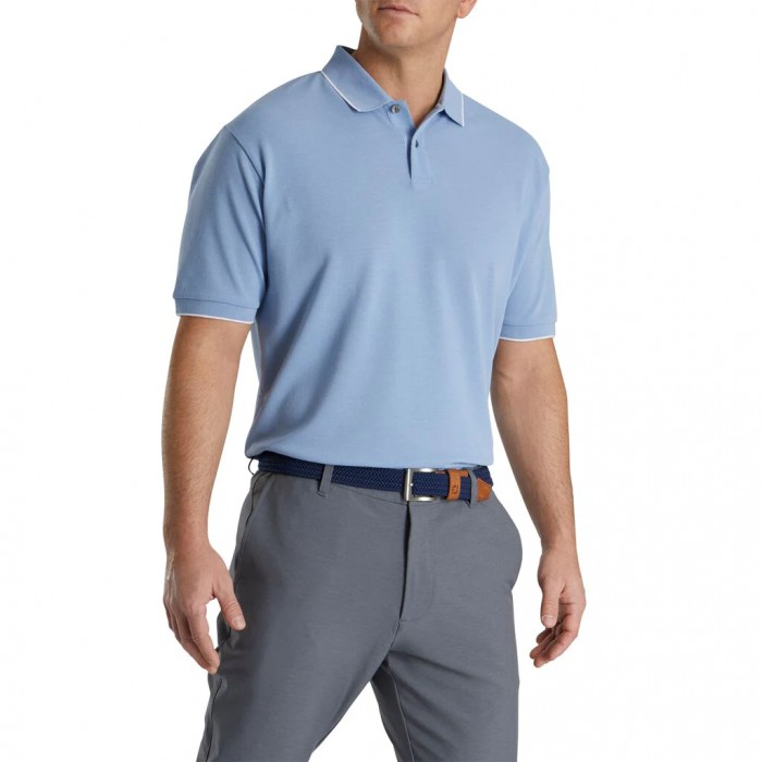 Men's Footjoy Pique Tipped Polo Shirts Mist Blue | USA-TN3481