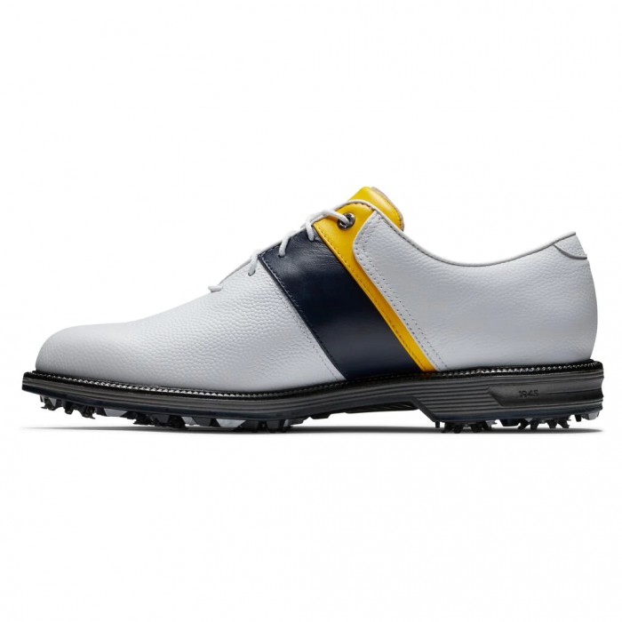 Men's Footjoy Premiere Series - Packard Spiked Golf Shoes White Pebble / Navy / Yellow | USA-MC1452