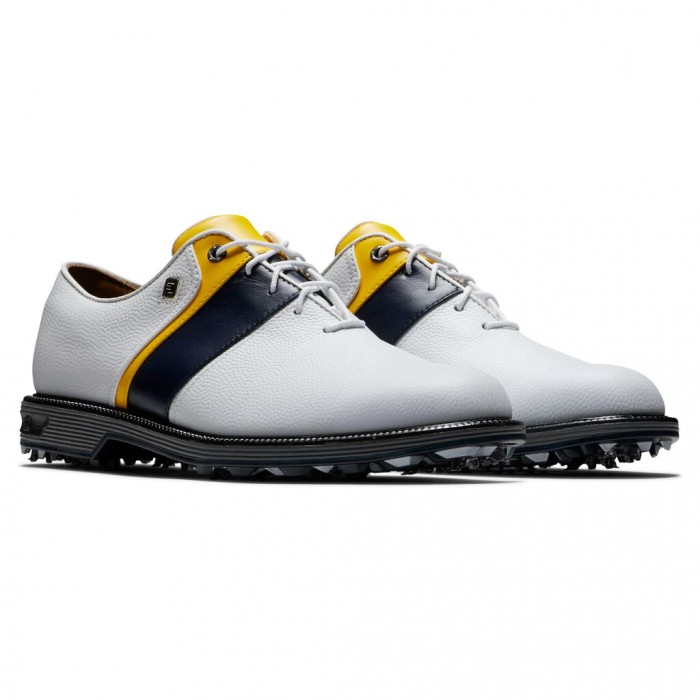 Men's Footjoy Premiere Series - Packard Spiked Golf Shoes White Pebble / Navy / Yellow | USA-MC1452