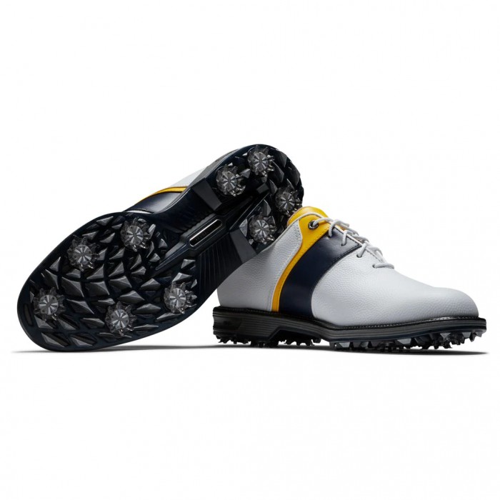 Men's Footjoy Premiere Series - Packard Spiked Golf Shoes White Pebble / Navy / Yellow | USA-MC1452