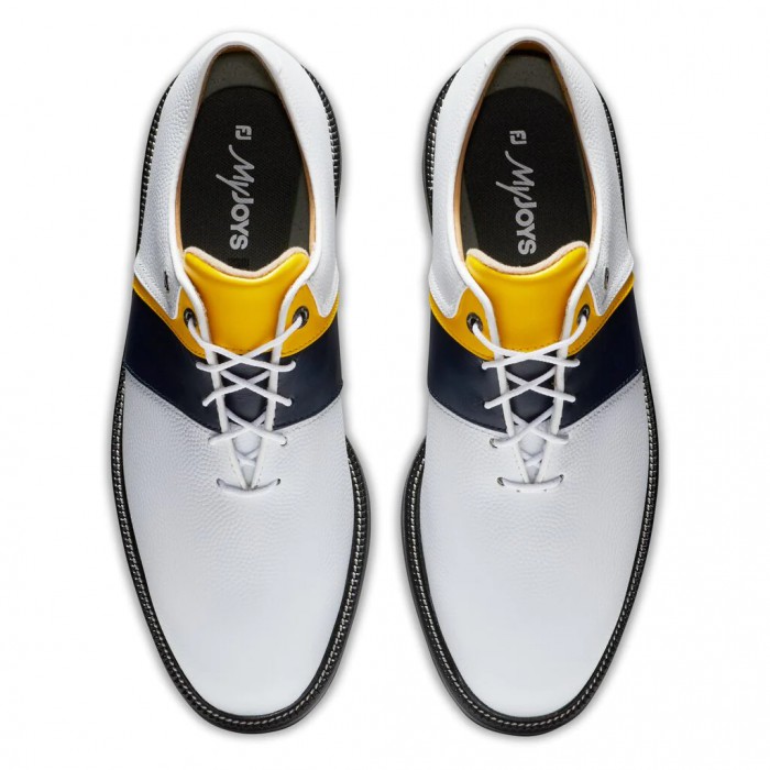 Men's Footjoy Premiere Series - Packard Spiked Golf Shoes White Pebble / Navy / Yellow | USA-MC1452