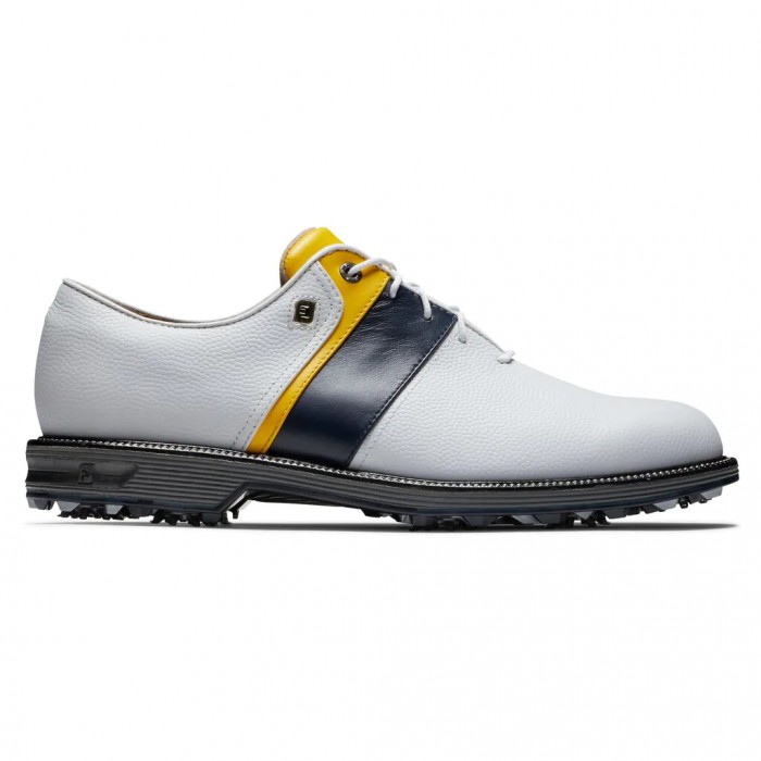 Men\'s Footjoy Premiere Series - Packard Spiked Golf Shoes White Pebble / Navy / Yellow | USA-MC1452