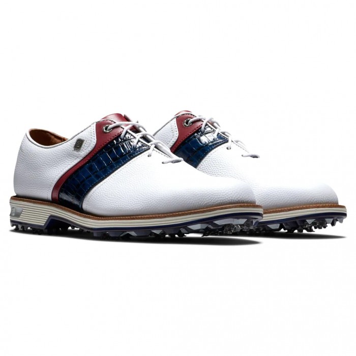 Men's Footjoy Premiere Series - Packard Spiked Golf Shoes White / Navy / Red | USA-ZE8254