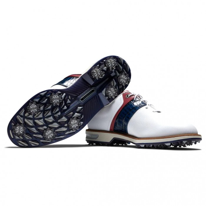 Men's Footjoy Premiere Series - Packard Spiked Golf Shoes White / Navy / Red | USA-ZE8254