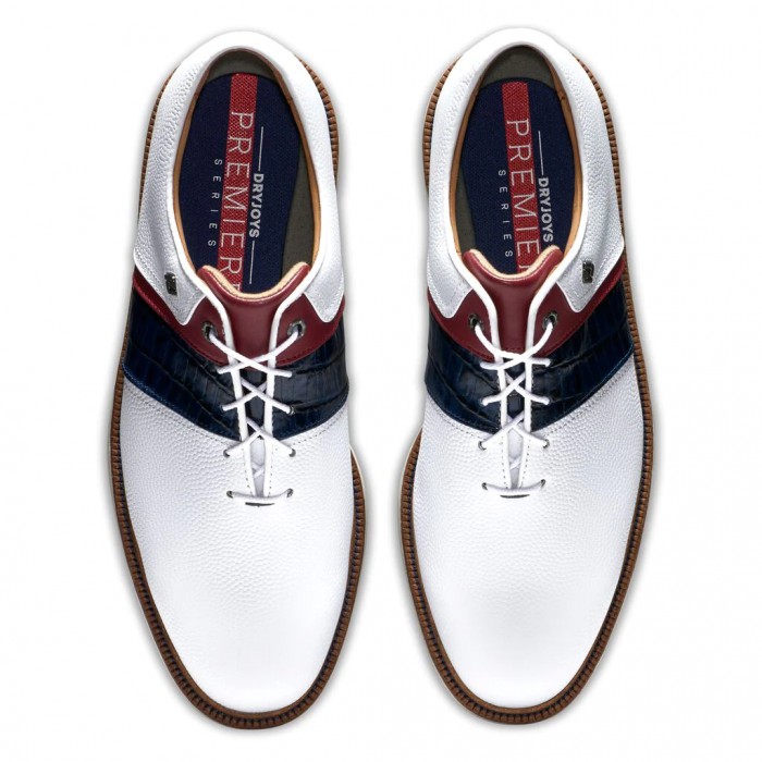 Men's Footjoy Premiere Series - Packard Spiked Golf Shoes White / Navy / Red | USA-ZE8254