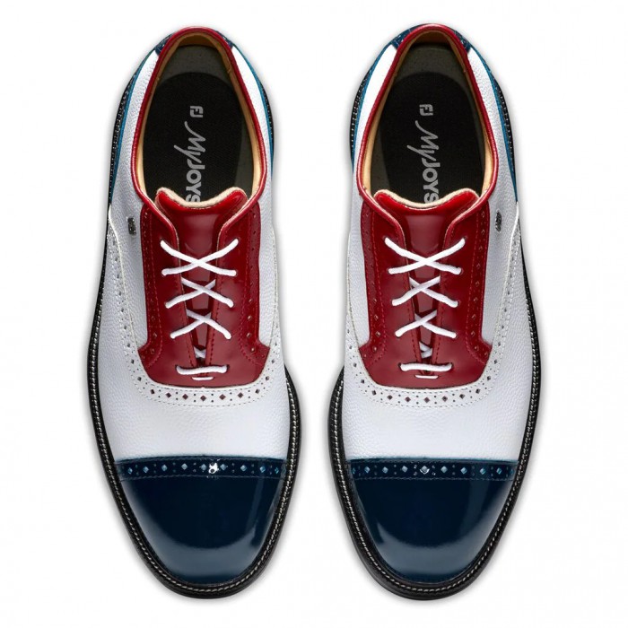 Men's Footjoy Premiere Series - Tarlow Spiked Golf Shoes White Pebble / Red Patent / Navy Patent | U