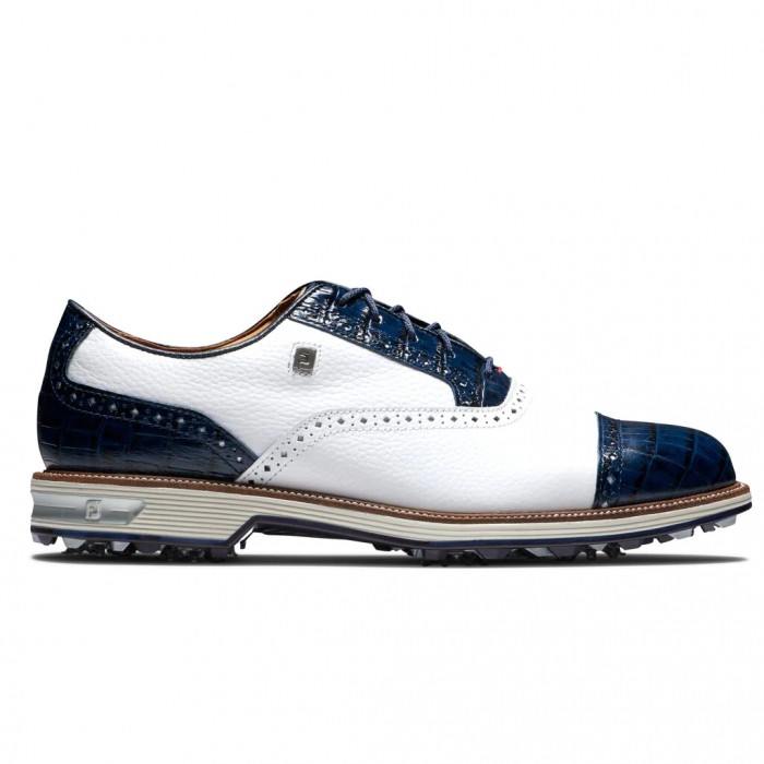 Men\'s Footjoy Premiere Series - Tarlow Spiked Golf Shoes White / Navy | USA-AW8514