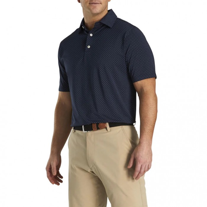 Men's Footjoy Stretch Lisle Dot Print Self Collar Shirts Navy | USA-MR5032