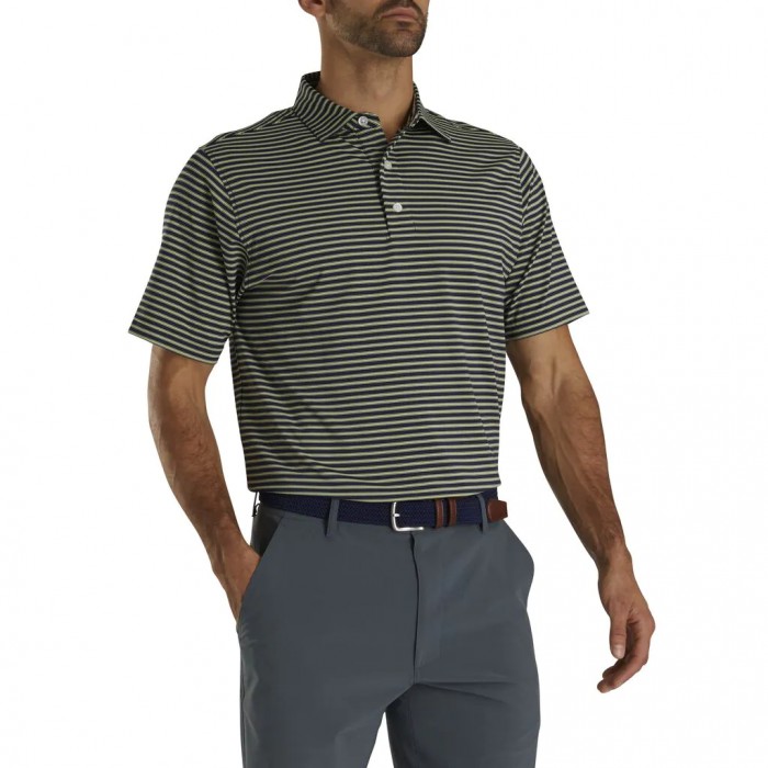 Men's Footjoy Stretch Lisle Pinstripe Shirts Navy / Lime / White | USA-LS4257