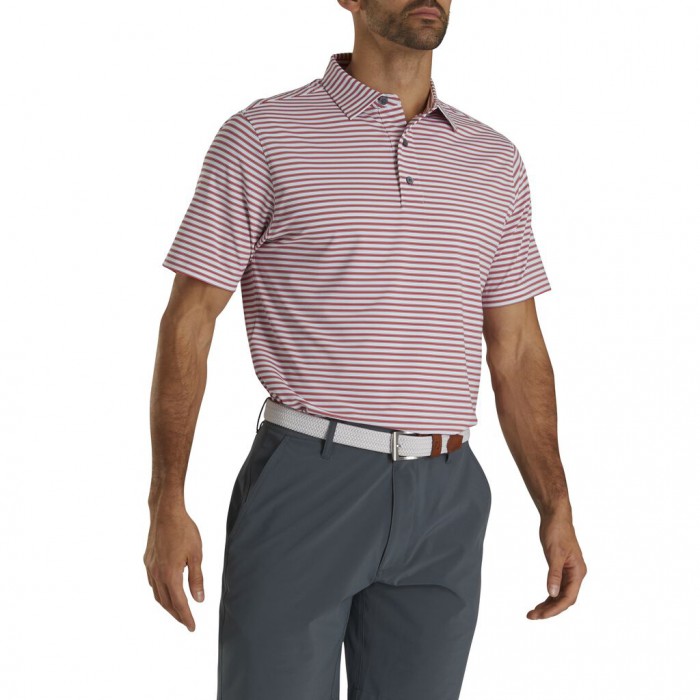 Men's Footjoy Stretch Lisle Pinstripe Shirts White / Red / Navy | USA-WI0675