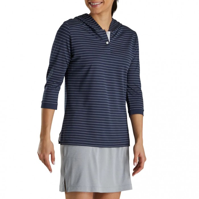 Women's Footjoy 3/4 Sleeve Pinstripe  Hoodie Navy | USA-QB9647