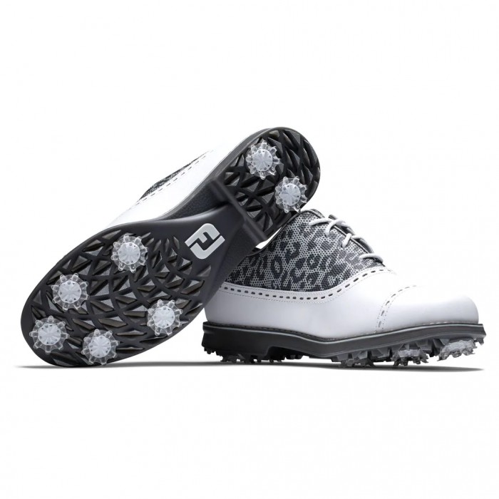 Women's Footjoy Premiere Series - Cap Toe Spiked Golf Shoes White / Leopard Print | USA-UD4912