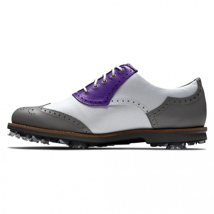 Women's Footjoy Premiere Series - Shield Tip Spiked Golf Shoes White Pebble / Grey Pebble / Purple |