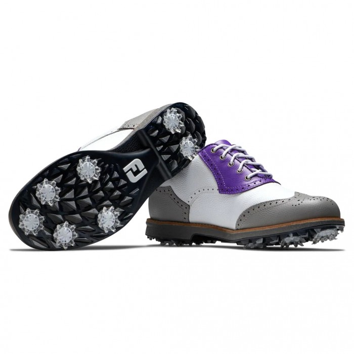 Women's Footjoy Premiere Series - Shield Tip Spiked Golf Shoes White Pebble / Grey Pebble / Purple |