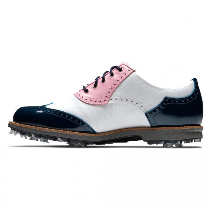 Women's Footjoy Premiere Series - Shield Tip Spiked Golf Shoes White / Pink / Navy Patent | USA-CV52