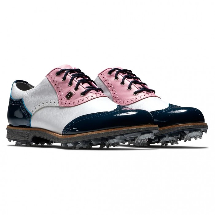 Women's Footjoy Premiere Series - Shield Tip Spiked Golf Shoes White / Pink / Navy Patent | USA-CV52