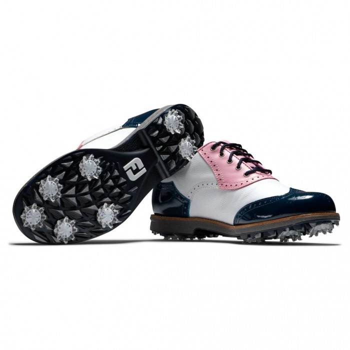 Women's Footjoy Premiere Series - Shield Tip Spiked Golf Shoes White / Pink / Navy Patent | USA-CV52